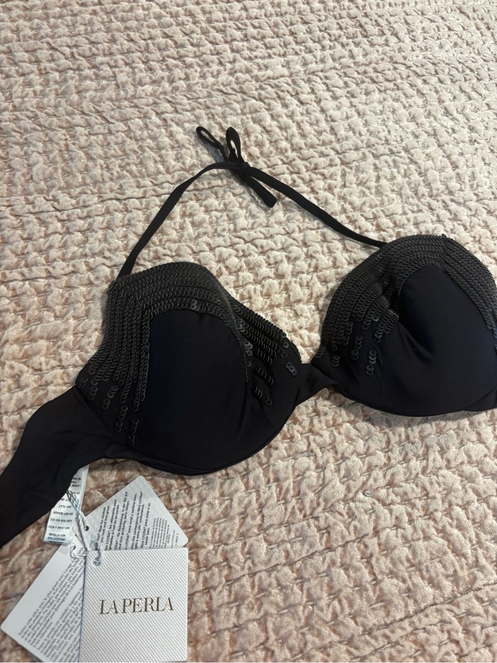 “NWT” La Perla Black Sequin-Halo Halter Bra/Bikini Top Sz. 10